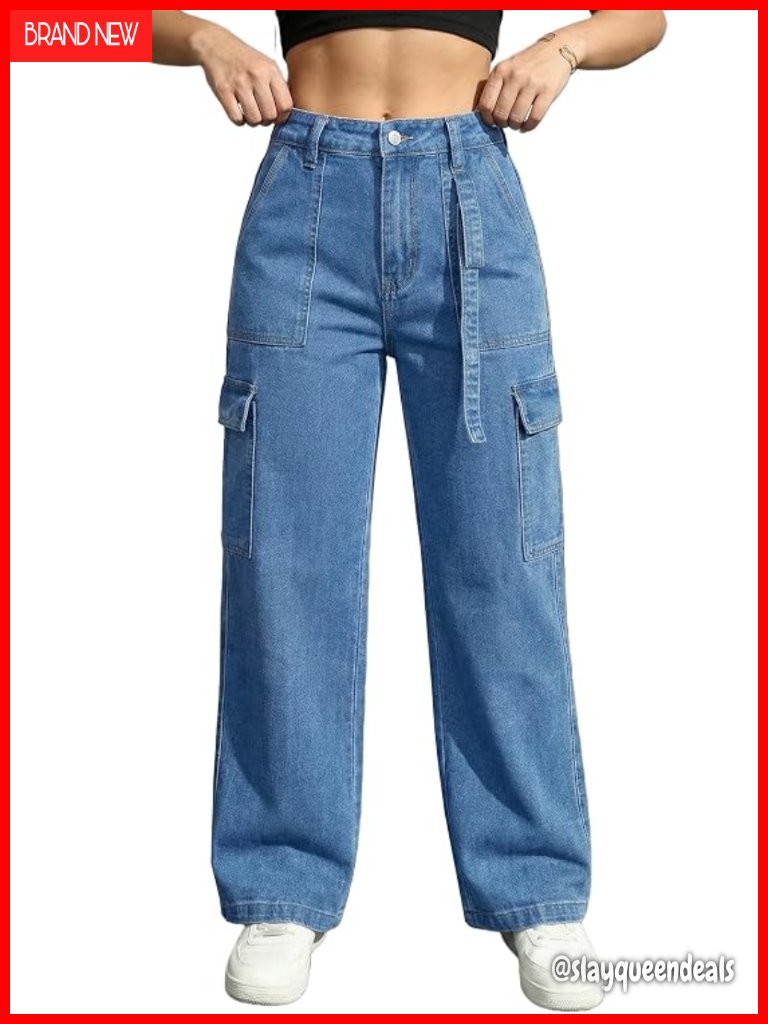Women's High Waist Stretchy Straight Wide Leg Cargo Jean With 6 Pockets